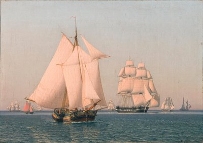 晴れた夏の午後、穏やかな風で帆の下にある船 作： Christoffer Wilhelm Eckersberg